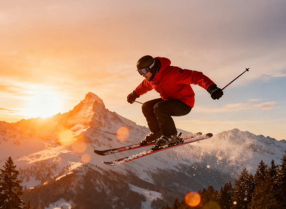 SAVIORHEAT heated ski gloves worn by a skier jumping on a snowy mountain at sunset