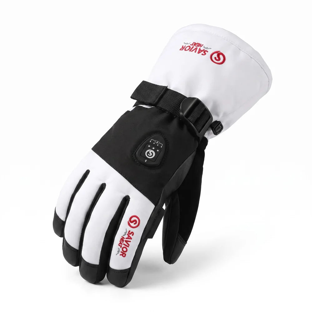 SAVIORHEAT heated ski gloves in white and black with adjustable heat control, wrist strap and long snowproof cuff