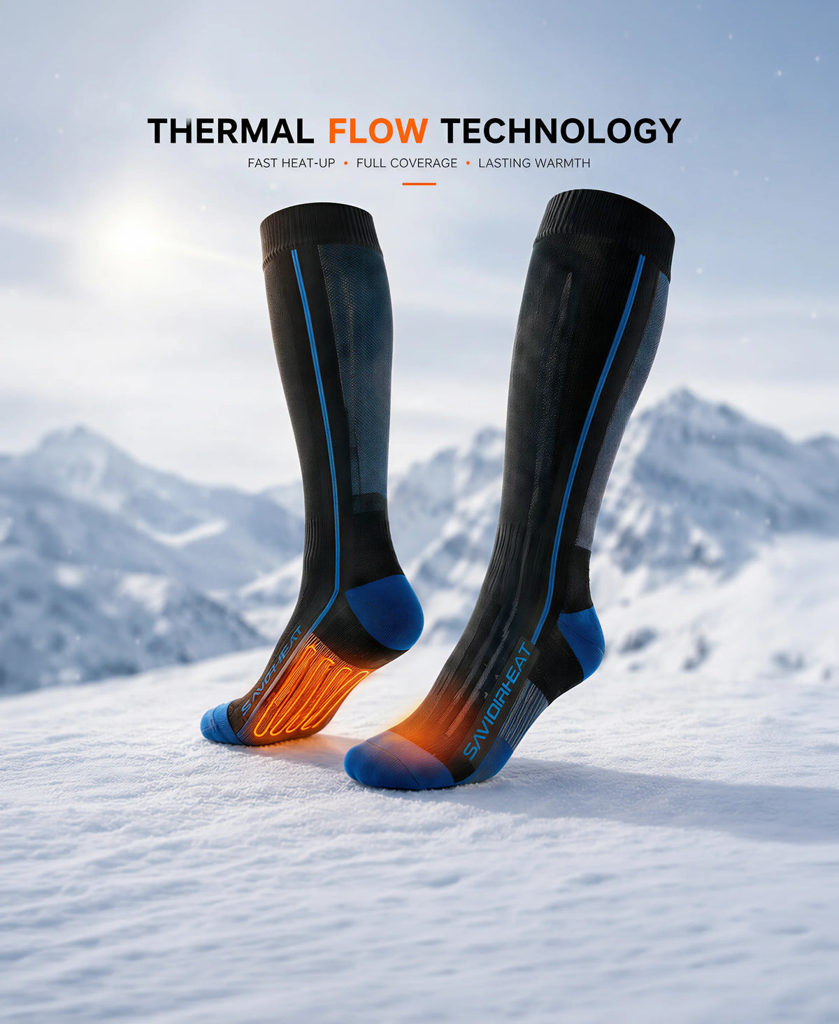 SAVIOR HEAT heated ski socks with Thermal Flow Technology for warm feet on the slopes
