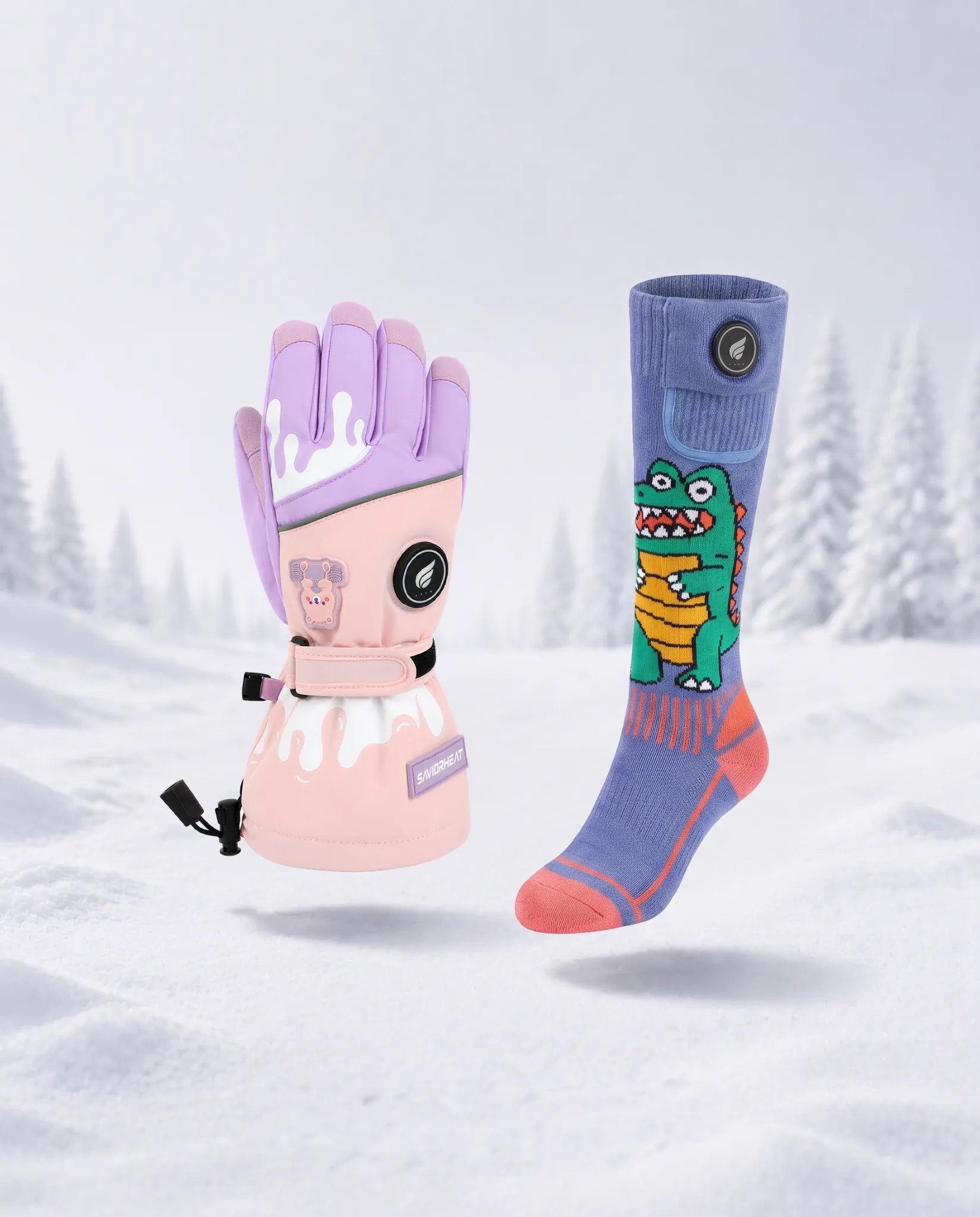 Savior Heat kids heated glove and heated sock in pink and purple on a snowy winter background