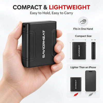 Compact lightweight SAVIORHEAT heated clothing battery held in one hand