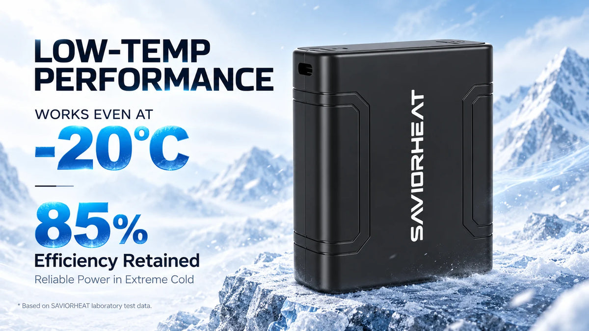 SAVIORHEAT heated clothing battery showing low-temperature performance at -20°C with 85% efficiency retained
