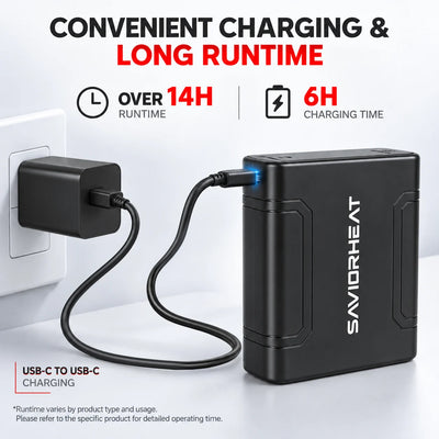 SAVIORHEAT heated clothing battery with USB-C charging, over 14-hour runtime and 6-hour charging time