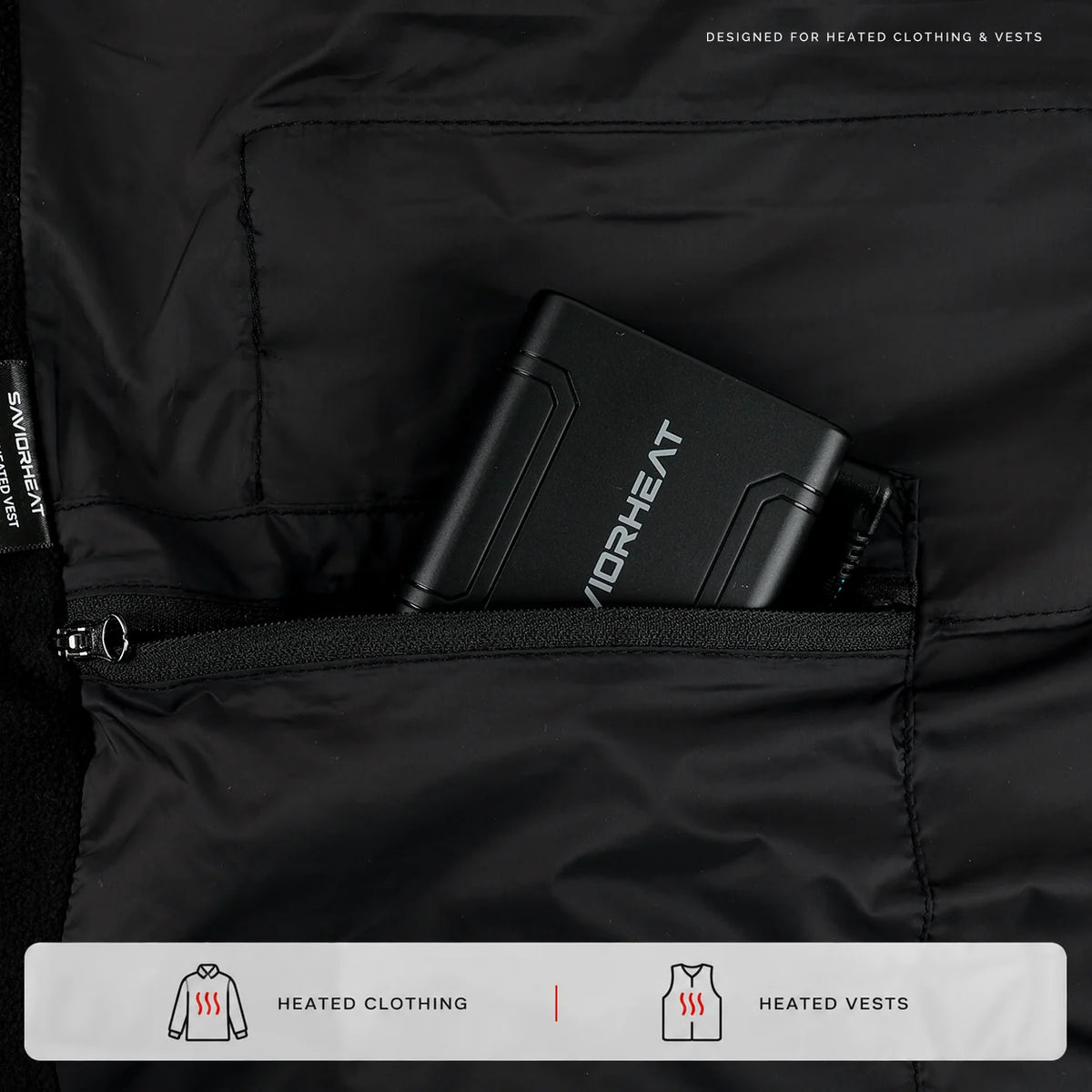 SAVIORHEAT battery pack placed inside a heated vest pocket