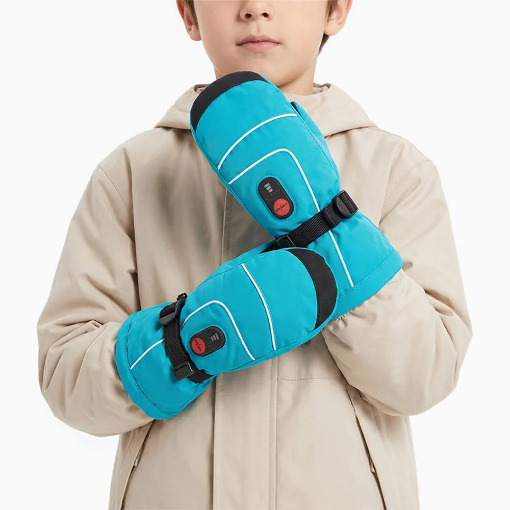 Kids Heated Mittens Blue for skiing
