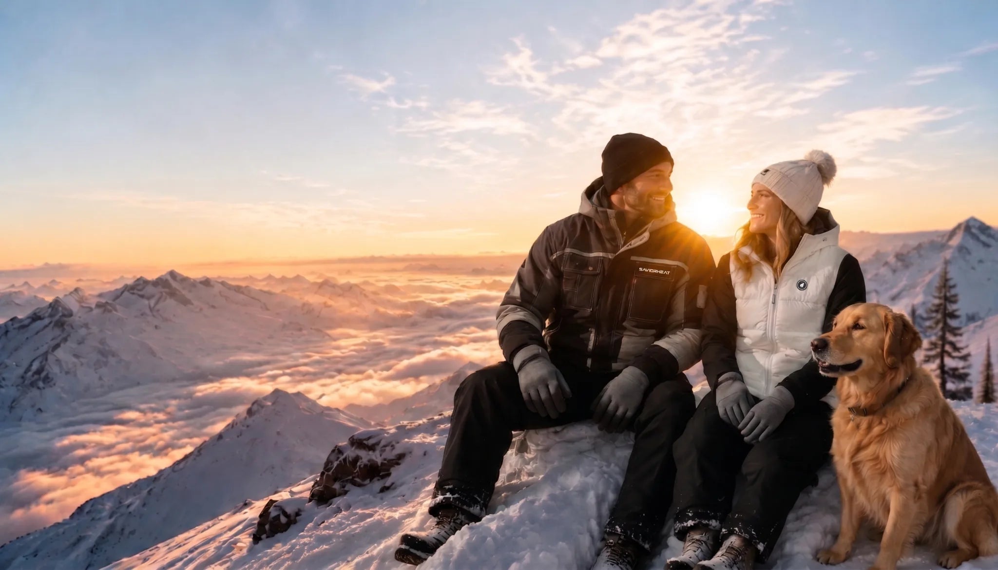 Couple with a dog wearing heated winter clothing on a snowy mountain at sunset